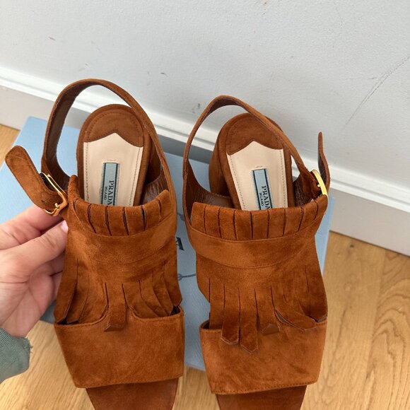 Prada Fringe Slingback Sandals Brown Suede Leather Chunky Block Heels Size 39 - Picture 7 of 13